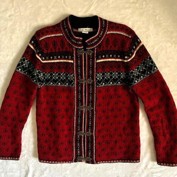 Susan Bristol Nordic Cardigan Women's S Wool Fair Isle Sweater Clasps Holiday - Picture 1 of 8
